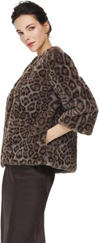 Women Faux Fur Leopard Coats Cropped Jacket with Pockets Long Sleeve Shaggy Warm Outerwear for Fall Winter in Saudi Arabia