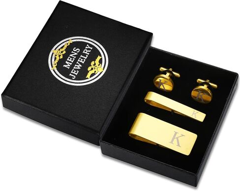 LOYALLOOK 4Pcs Stainless Steel Engraved Initial Cufflinks and Tie Bar Money Clip Set Personalized Button Shirt Initials Tie Clip Alphabet Letter A-Z with Gift Box for Best Man Groom Wedding Business in Saudi Arabia