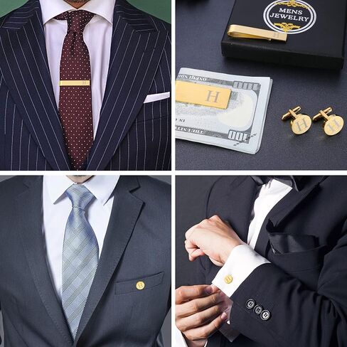 LOYALLOOK 4Pcs Stainless Steel Engraved Initial Cufflinks and Tie Bar Money Clip Set Personalized Button Shirt Initials Tie Clip Alphabet Letter A-Z with Gift Box for Best Man Groom Wedding Business in Saudi Arabia