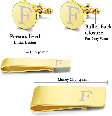 LOYALLOOK 4Pcs Stainless Steel Engraved Initial Cufflinks and Tie Bar Money Clip Set Personalized Button Shirt Initials Tie Clip Alphabet Letter A-Z with Gift Box for Best Man Groom Wedding Business in Saudi Arabia