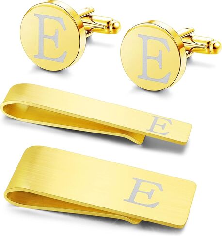 LOYALLOOK 4Pcs Stainless Steel Engraved Initial Cufflinks and Tie Bar Money Clip Set Personalized Button Shirt Initials Tie Clip Alphabet Letter A-Z with Gift Box for Best Man Groom Wedding Business in Saudi Arabia