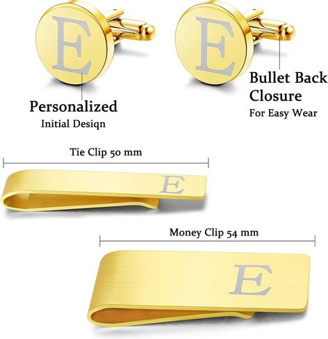 LOYALLOOK 4Pcs Stainless Steel Engraved Initial Cufflinks and Tie Bar Money Clip Set Personalized Button Shirt Initials Tie Clip Alphabet Letter A-Z with Gift Box for Best Man Groom Wedding Business in Saudi Arabia