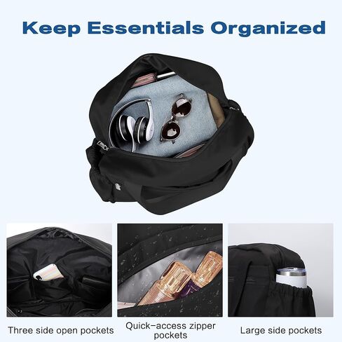 حقيبة رياضية للنساء، حقيبة دفل للسفر مع جيب مبلل، حقائب حمل لعطلة نهاية الأسبوع للنساء، حقيبة سفر مقاومة للماء، أسود in Kuwait