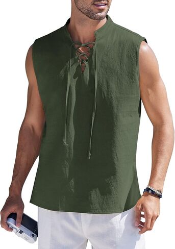COOFANDY Men Tank Top Cotton Linen Beach Sleeveless Shirt Lace Up Bohemian Hippie Renaissance Pirate Kilt Medieval Tunic in Saudi Arabia