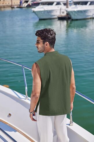 COOFANDY Men Tank Top Cotton Linen Beach Sleeveless Shirt Lace Up Bohemian Hippie Renaissance Pirate Kilt Medieval Tunic in Saudi Arabia