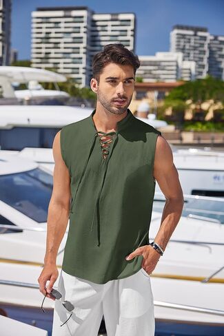 COOFANDY Men Tank Top Cotton Linen Beach Sleeveless Shirt Lace Up Bohemian Hippie Renaissance Pirate Kilt Medieval Tunic in Saudi Arabia