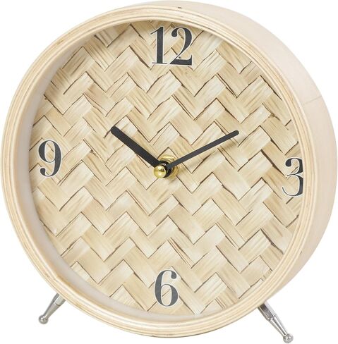 Deco 79 Wood Decorative Clock Woven Chevron Patterned Mantel Clock with Silver Legs, Tabletop Clock 7" x 2" x 7", Light Brown in Saudi Arabia