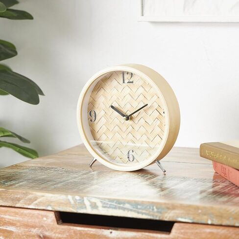 Deco 79 Wood Decorative Clock Woven Chevron Patterned Mantel Clock with Silver Legs, Tabletop Clock 7" x 2" x 7", Light Brown in Saudi Arabia