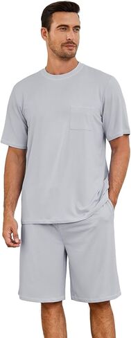 Mens Pajama Set, Soft Short Sleeve Lounge Set Pullover Pjs 2 Piece Outfits with Pocket in Kuwait