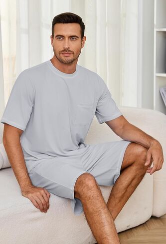 Mens Pajama Set, Soft Short Sleeve Lounge Set Pullover Pjs 2 Piece Outfits with Pocket in Kuwait