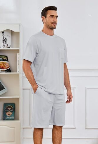 Mens Pajama Set, Soft Short Sleeve Lounge Set Pullover Pjs 2 Piece Outfits with Pocket in Kuwait