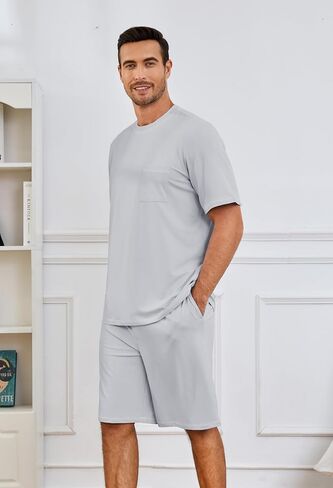Mens Pajama Set, Soft Short Sleeve Lounge Set Pullover Pjs 2 Piece Outfits with Pocket in Kuwait