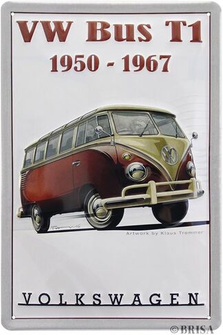 مجموعة BRISA VW - زخرفة كلاسيكية لعلامة Volkswagen Retro Tin مصنوعة من المعدن في تصميم حافلة T1 (سامبا / أحمر) in Kuwait