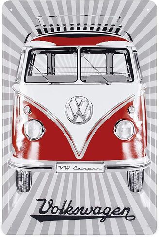 مجموعة BRISA VW - زخرفة كلاسيكية لعلامة Volkswagen Retro Tin مصنوعة من المعدن في تصميم حافلة T1 (سامبا / أحمر) in Kuwait