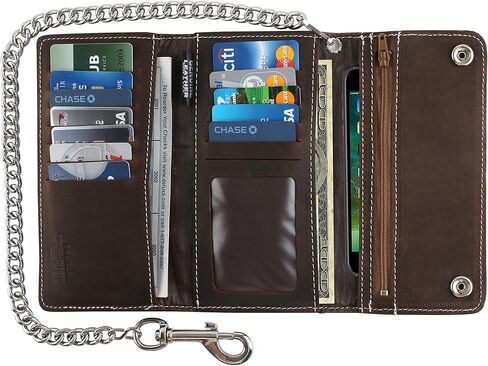 محفظة رجالية ثلاثية الطي بتصميم عتيق طويل من جلد البقر المحبب بسلسلة فولاذية، صنع في الولايات المتحدة الأمريكية، إغلاق بالإطباق، ab339، بني عتيق in Kuwait