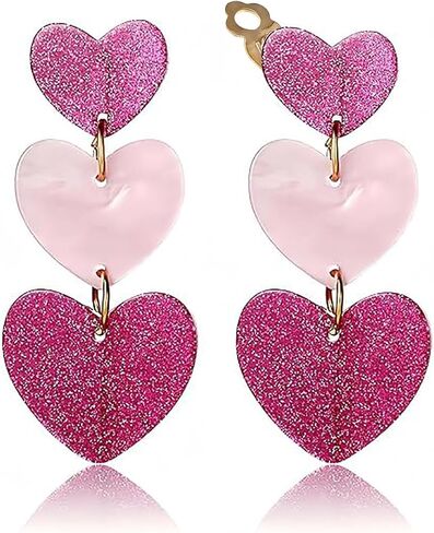 Clip on Earrings Non Pierced for Women, Simple Cute Pink Earrings Dangle for Women, Unique Lightweight Geometric Resin Triple Pink Heart Dangle Drop Earrings No Piercing Christmas Earrings in Saudi Arabia