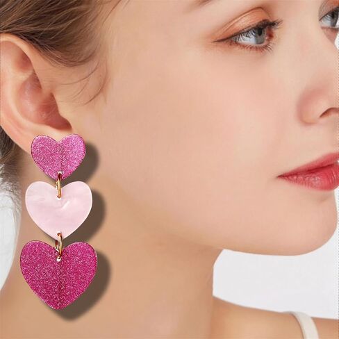 Clip on Earrings Non Pierced for Women, Simple Cute Pink Earrings Dangle for Women, Unique Lightweight Geometric Resin Triple Pink Heart Dangle Drop Earrings No Piercing Christmas Earrings in Saudi Arabia