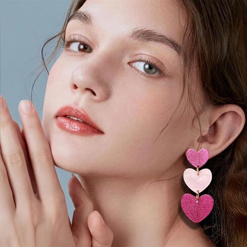 Clip on Earrings Non Pierced for Women, Simple Cute Pink Earrings Dangle for Women, Unique Lightweight Geometric Resin Triple Pink Heart Dangle Drop Earrings No Piercing Christmas Earrings in Saudi Arabia