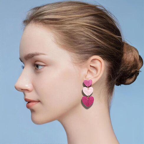 Clip on Earrings Non Pierced for Women, Simple Cute Pink Earrings Dangle for Women, Unique Lightweight Geometric Resin Triple Pink Heart Dangle Drop Earrings No Piercing Christmas Earrings in Saudi Arabia