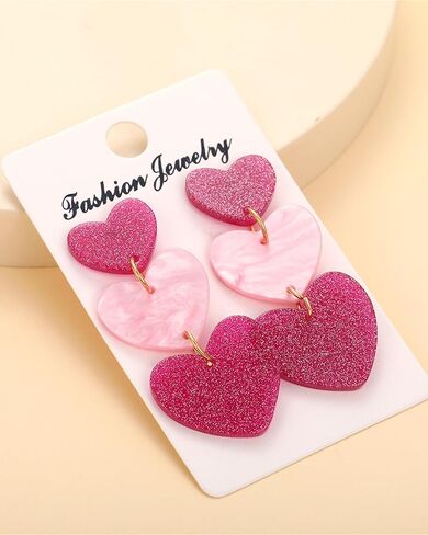 Clip on Earrings Non Pierced for Women, Simple Cute Pink Earrings Dangle for Women, Unique Lightweight Geometric Resin Triple Pink Heart Dangle Drop Earrings No Piercing Christmas Earrings in Saudi Arabia