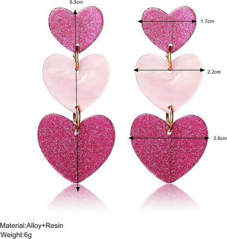 Clip on Earrings Non Pierced for Women, Simple Cute Pink Earrings Dangle for Women, Unique Lightweight Geometric Resin Triple Pink Heart Dangle Drop Earrings No Piercing Christmas Earrings in Saudi Arabia
