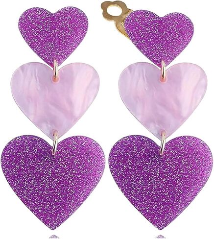 Clip on Earrings Non Pierced for Women, Simple Cute Pink Earrings Dangle for Women, Unique Lightweight Geometric Resin Triple Pink Heart Dangle Drop Earrings No Piercing Christmas Earrings in Saudi Arabia