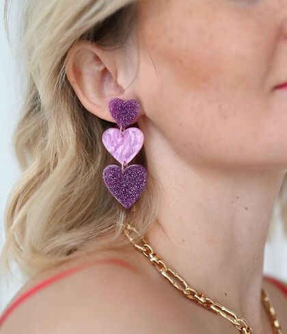 Clip on Earrings Non Pierced for Women, Simple Cute Pink Earrings Dangle for Women, Unique Lightweight Geometric Resin Triple Pink Heart Dangle Drop Earrings No Piercing Christmas Earrings in Saudi Arabia