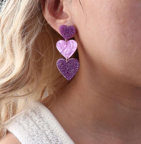 Clip on Earrings Non Pierced for Women, Simple Cute Pink Earrings Dangle for Women, Unique Lightweight Geometric Resin Triple Pink Heart Dangle Drop Earrings No Piercing Christmas Earrings in Saudi Arabia