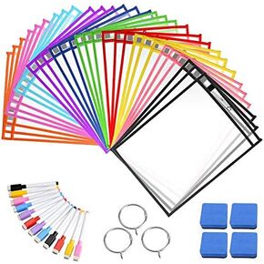 Dry Erase Pocket Sleeves, 30 Pack, Reusable, Crystal Clear, Oversized, 10 x 13 inches, Heavy Duty Plastic Sheet Protectors Classroom Organization and School Supplies