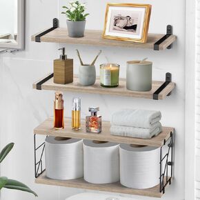 TJ.MOREE Bathroom Shelves Over Toilet Floating Shelves for Wall Rustic with Toilet Paper Wire Basket, Farmhouse Floating Shelf for Bedroom, Living Room, Kitchen, Wall Decoration (Black)