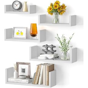 SRIWATANA Floating Shelves for Wall, Wall Shelves for Bathroom, Bedroom, Living Room, Kitchen, Office, Wood Shelves for Wall Decor Set of 5 (Washed White)