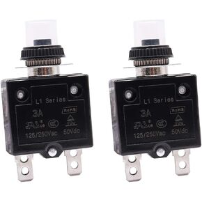 mxuteuk 2Pcs 3Amp Circuit Breakers Push Button Manual Reset 125/250V AC 50V DC, L1 Series Overload Protector Switch Thermal Circuit Breakers with Waterproof Button Caps L1-cj-3A