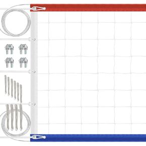 Official Tournament Sized Volleyball Net in| Outdoor with 2 Aircraft Steel Cables Top and Bottom, Four Stitched Border, Heavy Duty Pro Regulation Volleyball Nets for Backyard Schoolyard Beach