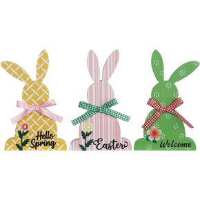 DECSPAS Easter Decorations, 3 PCS Pink Yellow Green Wood Signage, Engineered Wood Bunny Block Set with Bow, Adorable Pattern Easter Decorations Indoor, 4.4 x 7 x 0.8 inches