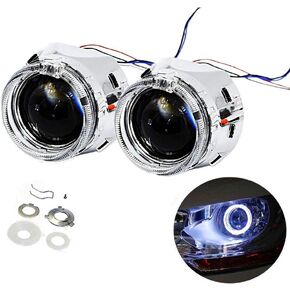 YUFANYA 2.5 Inch H1 8.1 Ver Bixenon Projector Lens Hi/Lo Beam Function with White Angel Eyes Decoration,Halo Rings DRL Function,Chrome Shrouds Mask,Fit for H1 H4 H7 Car Motorcycle Retrofit