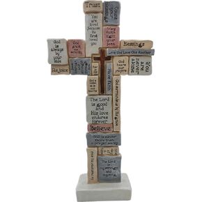 Cross Sculpture with Christian Words and Sayings Crossword Table Inspirational Figurine Cross for Home Decor Christian gifts