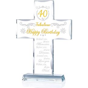 40th Birthday Gifts for Women Men, Glass Cross Stand Engraved with 40 and Fabulous Religious Gifts for Her, Happy 40 Years Old Birthday Presents Ideas for Him Friends Daughter Son