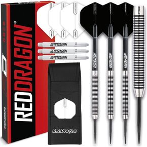 مجموعة سهام RED DRAGON Pegasus Professional Tungsten Steeltip متوفرة بأحجام 21، 23، 24، 25، 26، 28، 30 جرامًا مع رحلات جوية وسيقان (أعمدة) ومحفظة in Kuwait