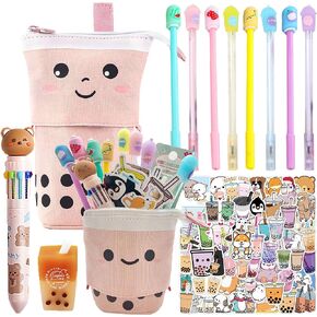 Primo Lines Kawaii Pencil Case and Complete 61 PCS Pink Stationary Set with Pop Up Cute Boba Case, 8 Pens, 50 Bubble Tea Stickers, Multi Color Pen For School Supplies