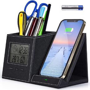 Multifunctional Pen Holder and Organizer for Desk with Wireless Charger, Digital Indoor Thermometer and Humidity Gauge, Home Office Organizers and Storage (Battery Included)