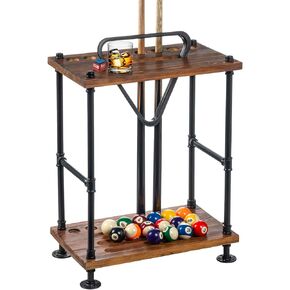 MyGift Rustic Burnt Solid Wood Pool Cue Stick Holder, Ball Holder, and Triangle Rack Hook Organizer Stand with Industrial Black Metal Pipe Frame, Freestanding Billiard Equipment All-in-One Storage