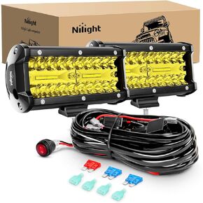 Nilight Led Light Bar 2PCS 6.5 Inch Amber 120W Spot Flood Combo 12000LM Waterproof Triple Rows Off Road Fog Lights with 16AWG Wiring Harness Kit-2 Lead, 2 Year Warranty