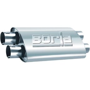 BORLA 400286 ProXS Universal Perf. Muffler 2.5" Dual Inlet / 2.5" Dual Outlet" x 9.5" Oval x 19" Long Body 24" Overall Length Un-Notched Necks Reversible Design Onternal X-Pipe T-304 Stainless Steel