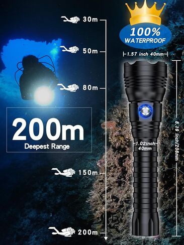 أضواء الغوص، 6000 لومن تحت الماء، أعمق 200 متر IPX68 مقاوم للماء، لومن عالي XHP70 LED مصباح يدوي للغوص قابل لإعادة الشحن، 4 أوضاع أفضل للغوص الليلي in Kuwait