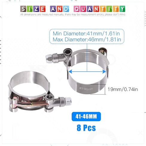 Glarks 8Pcs 41-46mm Stainless Steel T-Bolt Hose Clamps Turbo Intake Soft Hose Intercooler Clamps in Kuwait