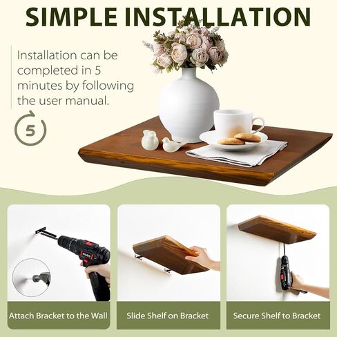 Wood Floating Shelves for Wall Set of 2 | Natural Wood Floating Book Shelves Bathroom Bedroom Living Room Modern Decor 6.7" Wide Floating Shelf | Black Floating Shelves in Kuwait