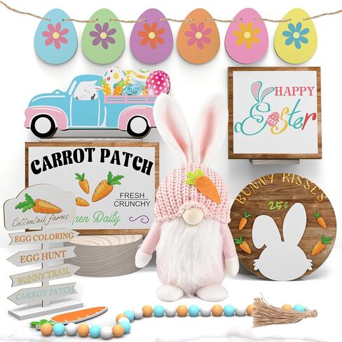 Easter Gnome and Wooden Sign Decorations Set, Spring Bunny Plush Doll and Table Small Sign, Rustic Farmhouse Home Kitchen Room Decor for Tiered Tray, Fireplace, Tabletop, Shelf (8 PCS) in Kuwait