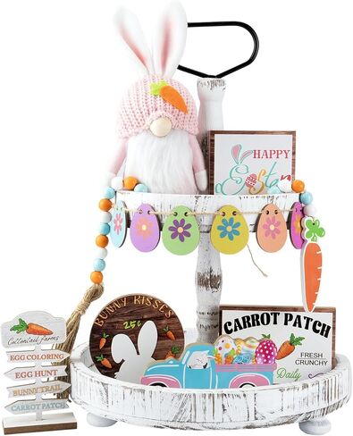 Easter Gnome and Wooden Sign Decorations Set, Spring Bunny Plush Doll and Table Small Sign, Rustic Farmhouse Home Kitchen Room Decor for Tiered Tray, Fireplace, Tabletop, Shelf (8 PCS) in Kuwait