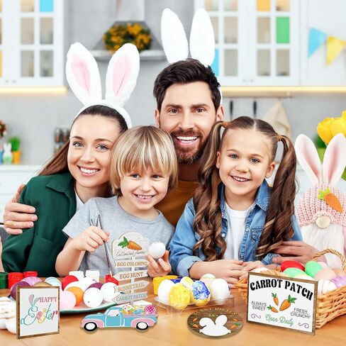 Easter Gnome and Wooden Sign Decorations Set, Spring Bunny Plush Doll and Table Small Sign, Rustic Farmhouse Home Kitchen Room Decor for Tiered Tray, Fireplace, Tabletop, Shelf (8 PCS) in Kuwait