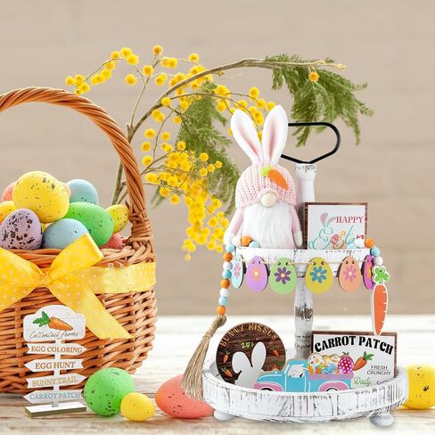 Easter Gnome and Wooden Sign Decorations Set, Spring Bunny Plush Doll and Table Small Sign, Rustic Farmhouse Home Kitchen Room Decor for Tiered Tray, Fireplace, Tabletop, Shelf (8 PCS) in Kuwait